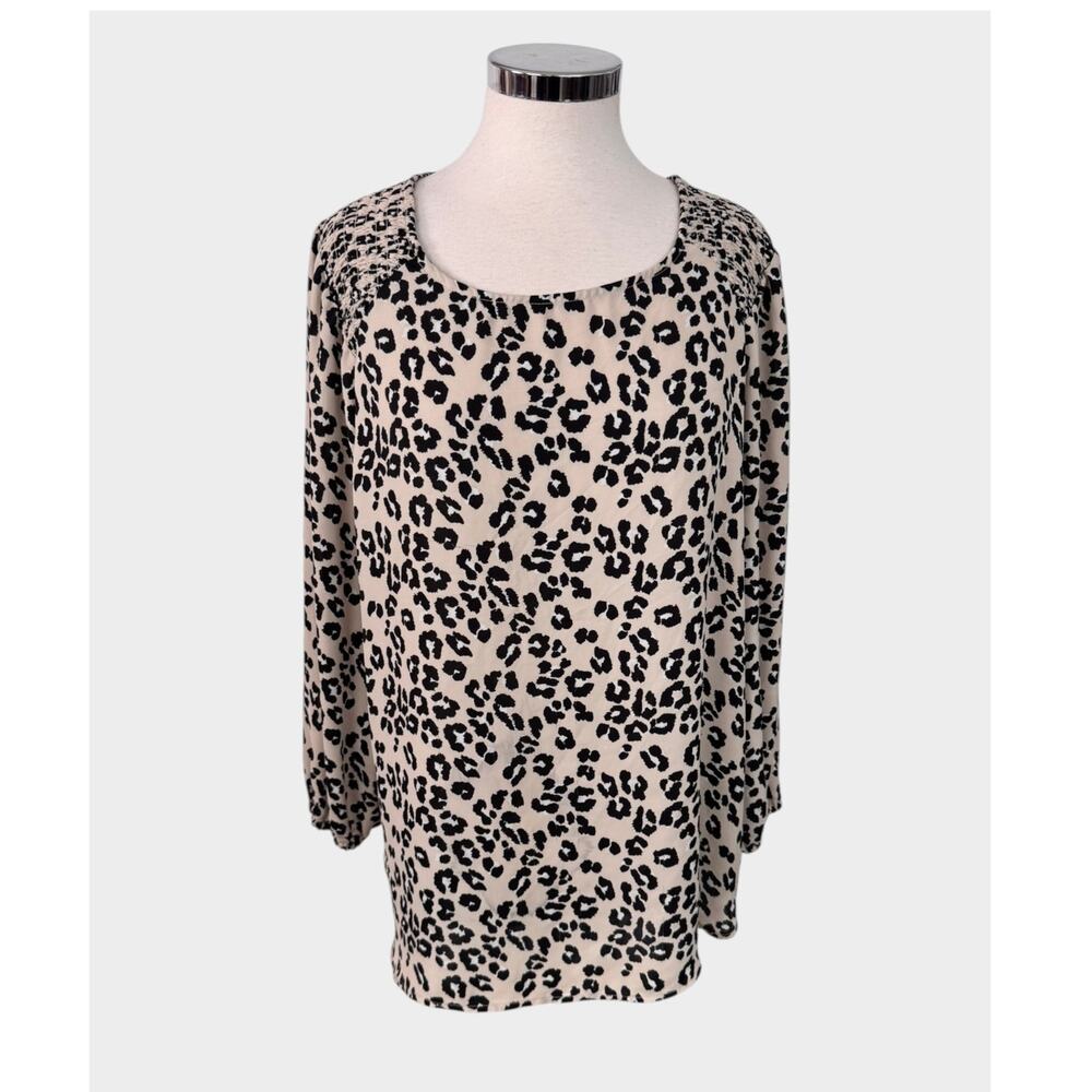 Ophelia Roe Womens 1X Blouse Cream Black Leopard Print Scoop Neck Long Sleeve